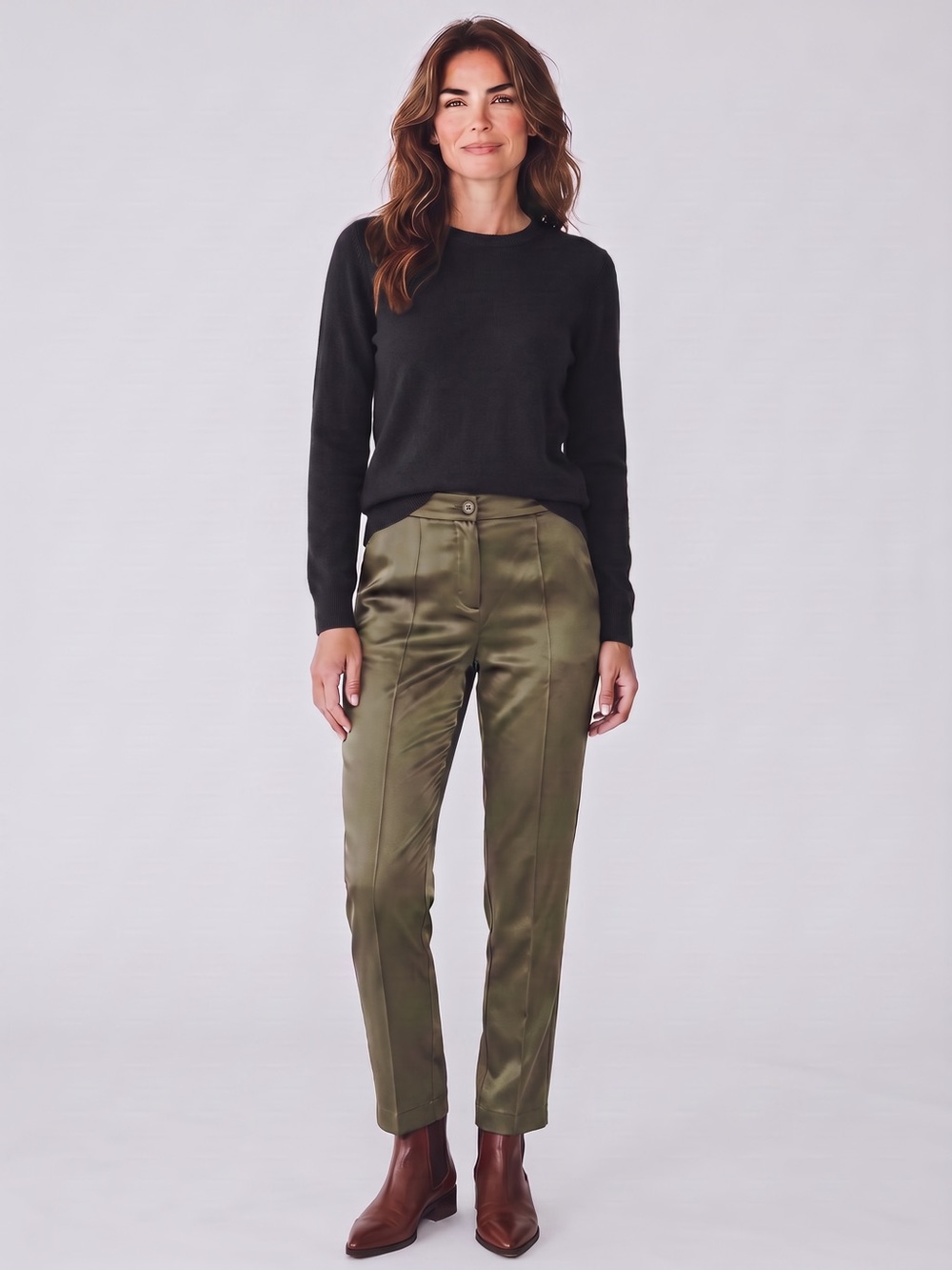 NWT New $288 Anatomie Arden Satin Straight Leg Pant In Olive Green Size M